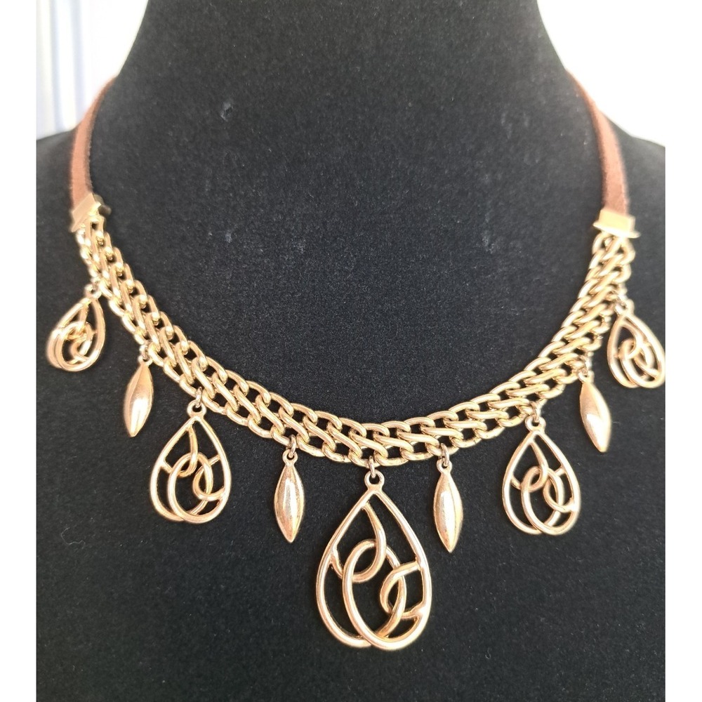 Carolina Herrera Gold Tone Chain Link Necklace With Dangles Suede Cord